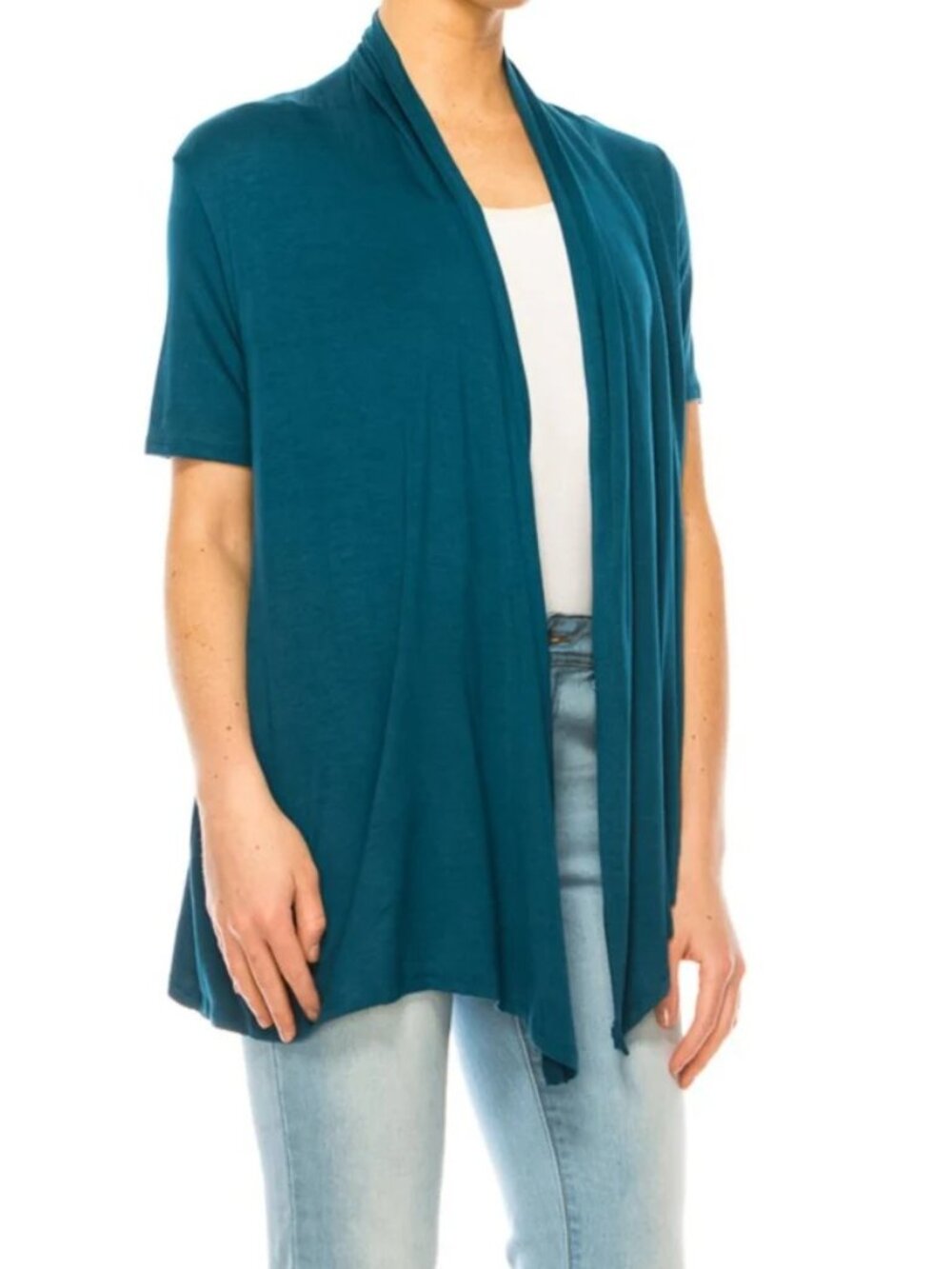 MOA Collection Teal Short Sleeve Asymmetrical Hem Cardigan - Picture 2 of 7